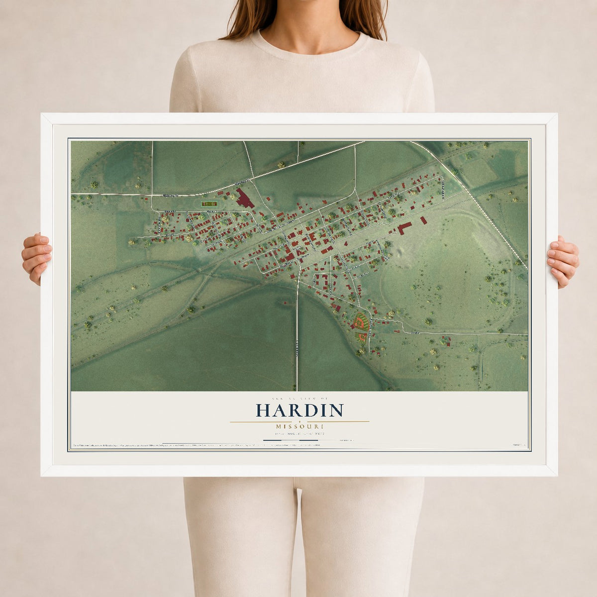 Map of Hardin, Missouri, 24 x 36 inch print in a white wood frame