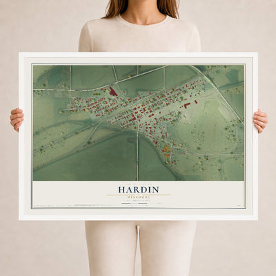 Map of Hardin, Missouri, 24 x 36 inch print in a white wood frame