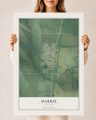 Map of Harris, Missouri, 24 x 36 inch print in a white wood frame