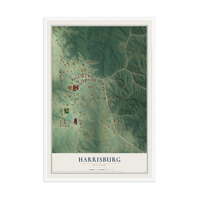 Map of Harrisburg, Missouri, 12 x 18 inch print in a white wood frame
