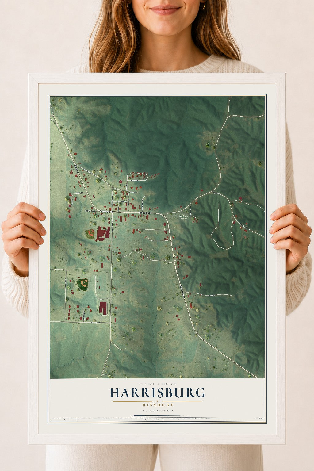 Map of Harrisburg, Missouri, 18 x 24 inch print in a white wood frame
