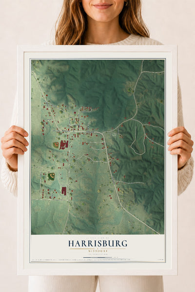Map of Harrisburg, Missouri, 18 x 24 inch print in a white wood frame