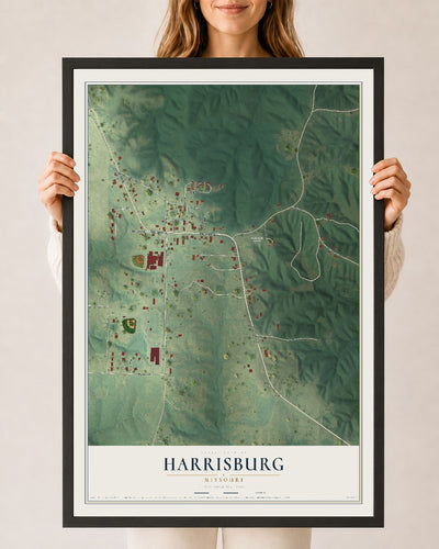 Map of Harrisburg, Missouri, 24 x 36 inch print in a black wood frame
