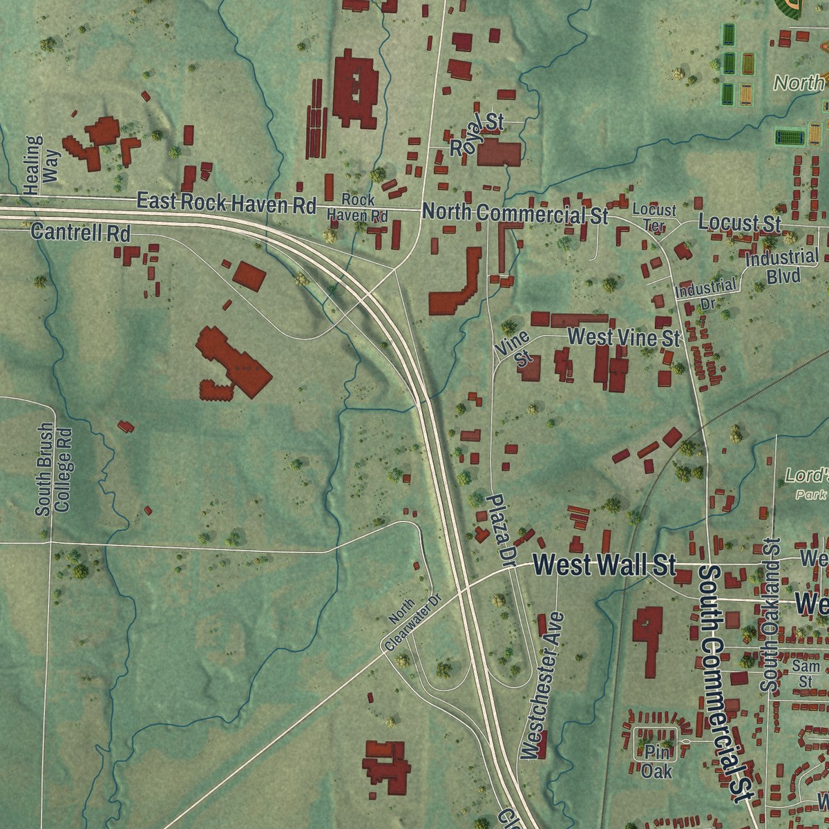 Second close-up of the map of Harrisonville, Missouri print showing more streets and buildings
