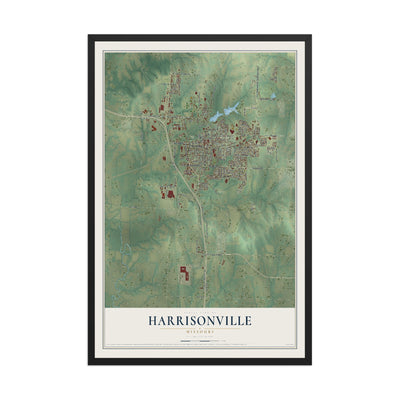 Map of Harrisonville, Missouri, 12 x 18 inch print in a black wood frame