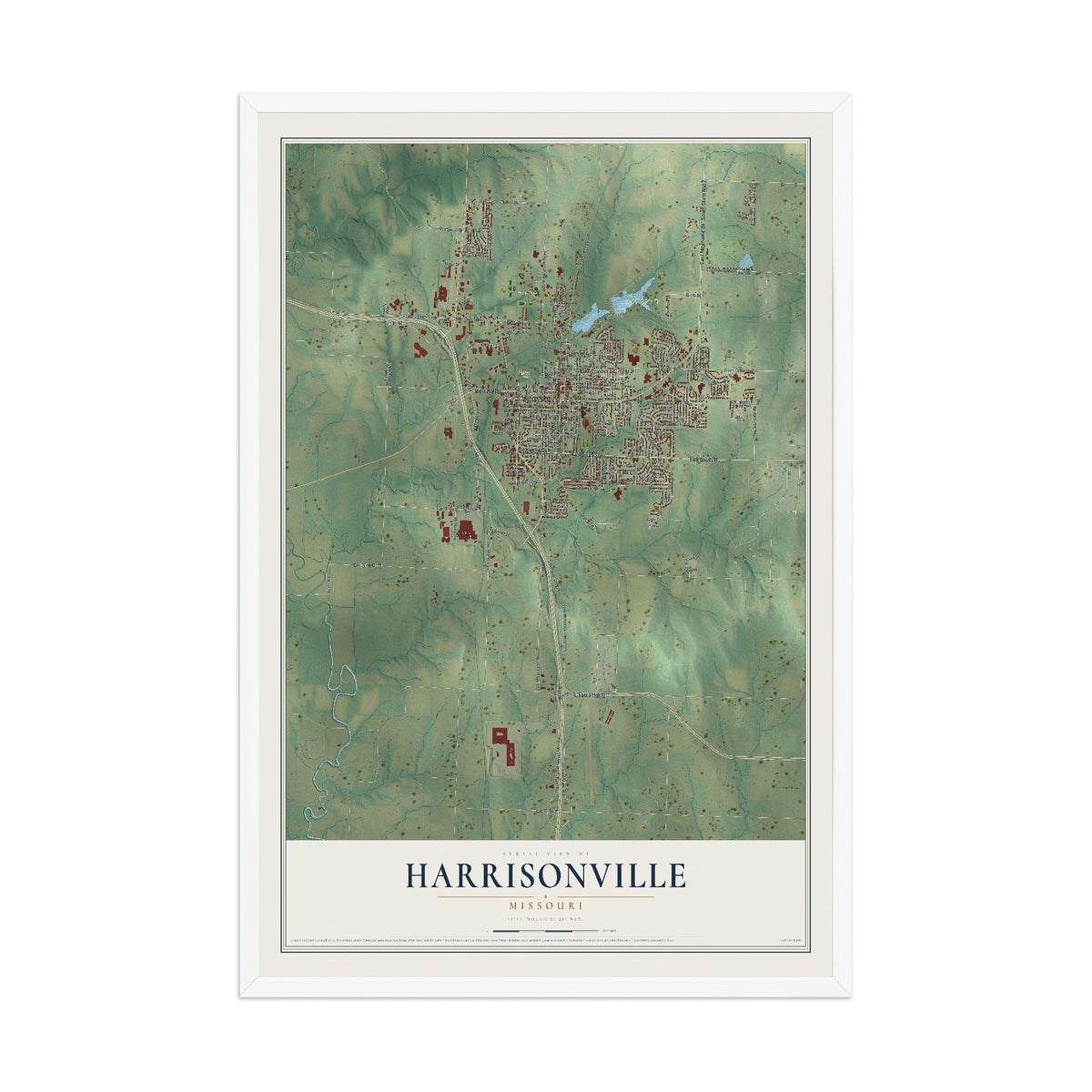 Map of Harrisonville, Missouri, 12 x 18 inch print in a white wood frame