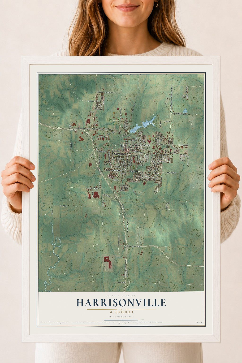 Map of Harrisonville, Missouri, 18 x 24 inch print in a white wood frame