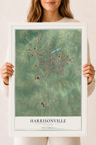 Map of Harrisonville, Missouri, 18 x 24 inch print in a white wood frame
