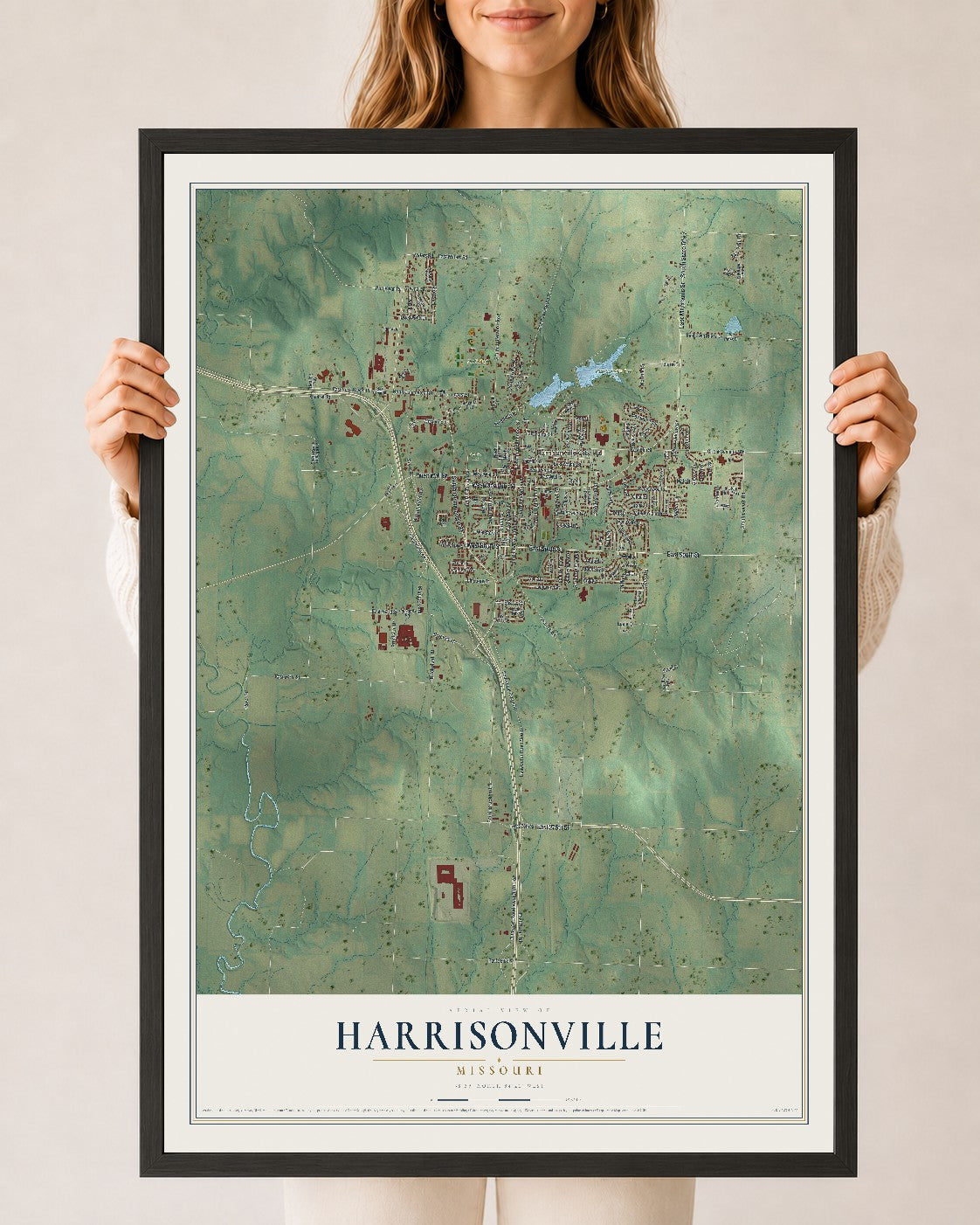 Map of Harrisonville, Missouri, 24 x 36 inch print in a black wood frame