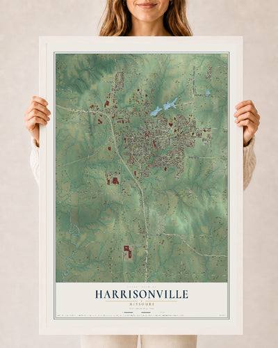 Map of Harrisonville, Missouri, 24 x 36 inch print in a white wood frame