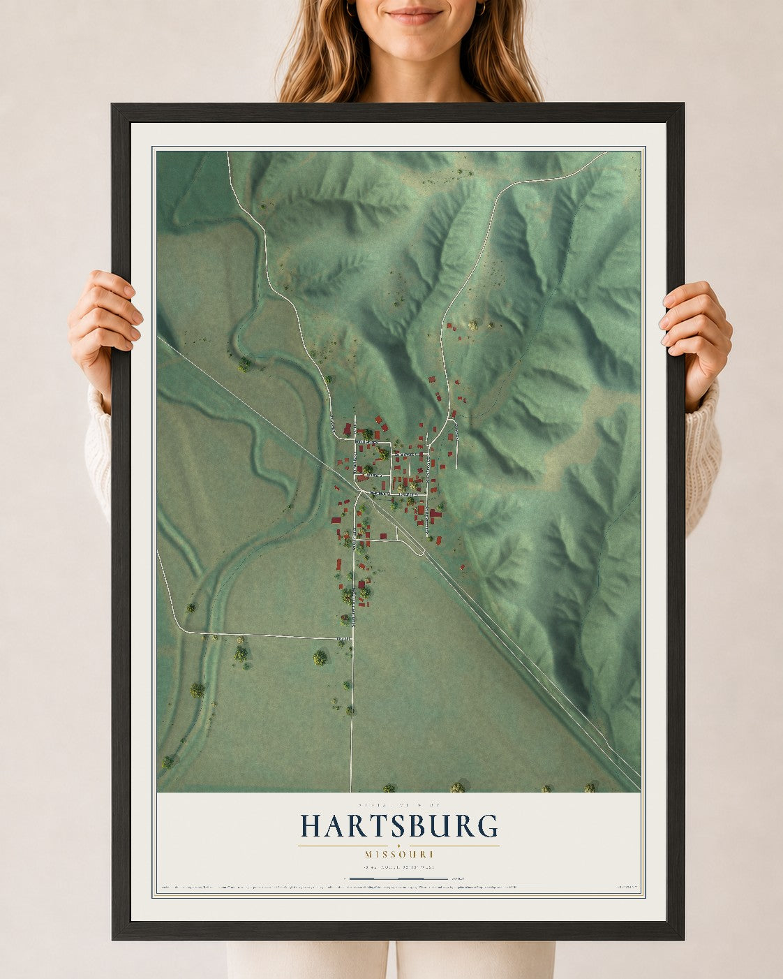 Map of Hartsburg, Missouri, 24 x 36 inch print in a black wood frame