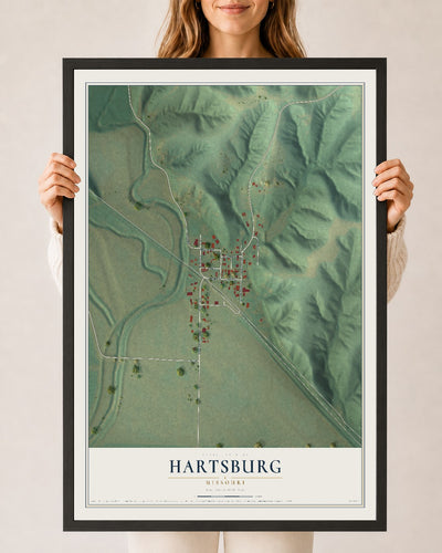 Map of Hartsburg, Missouri, 24 x 36 inch print in a black wood frame