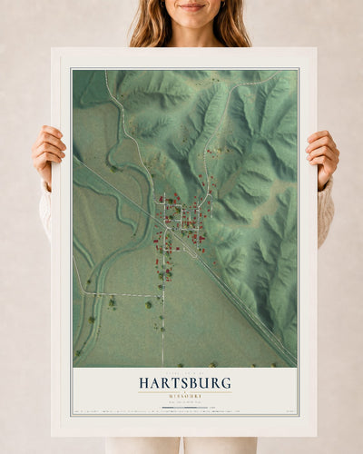 Map of Hartsburg, Missouri, 24 x 36 inch print in a white wood frame
