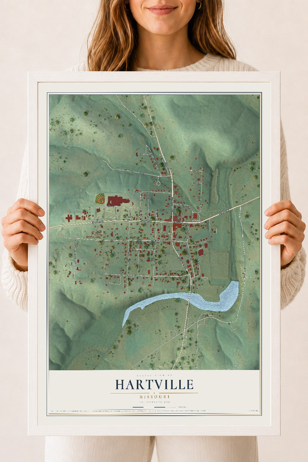 Map of Hartville, Missouri, 18 x 24 inch print in a white wood frame
