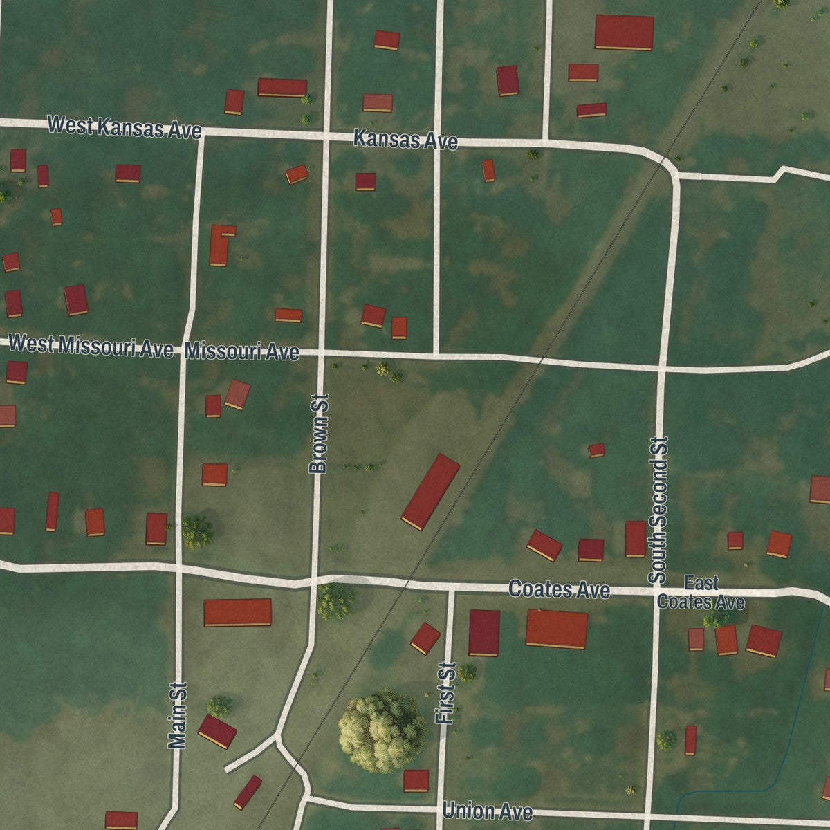 Close-up of the map of Harwood, Missouri print showing street and building detail