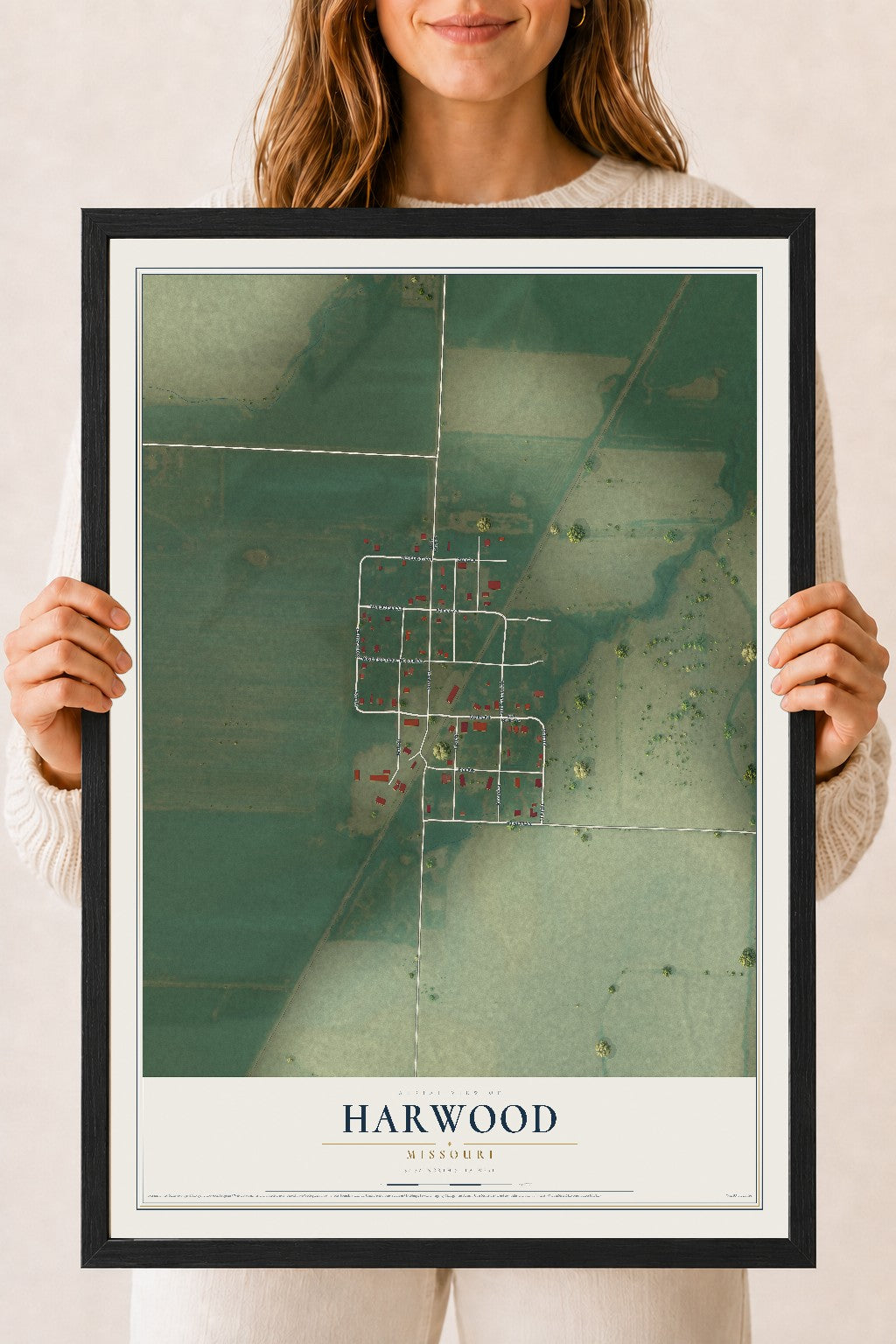 Map of Harwood, Missouri, 18 x 24 inch print in a black wood frame