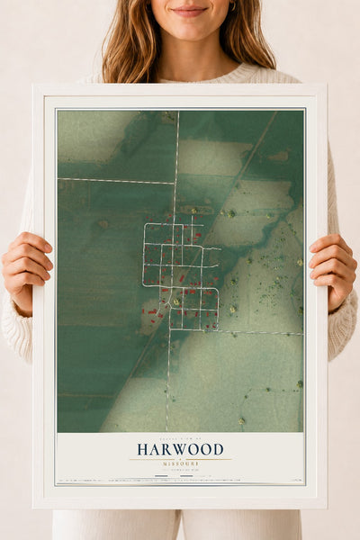 Map of Harwood, Missouri, 18 x 24 inch print in a white wood frame