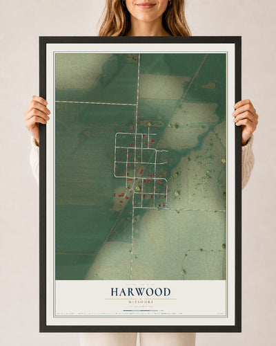Map of Harwood, Missouri, 24 x 36 inch print in a black wood frame