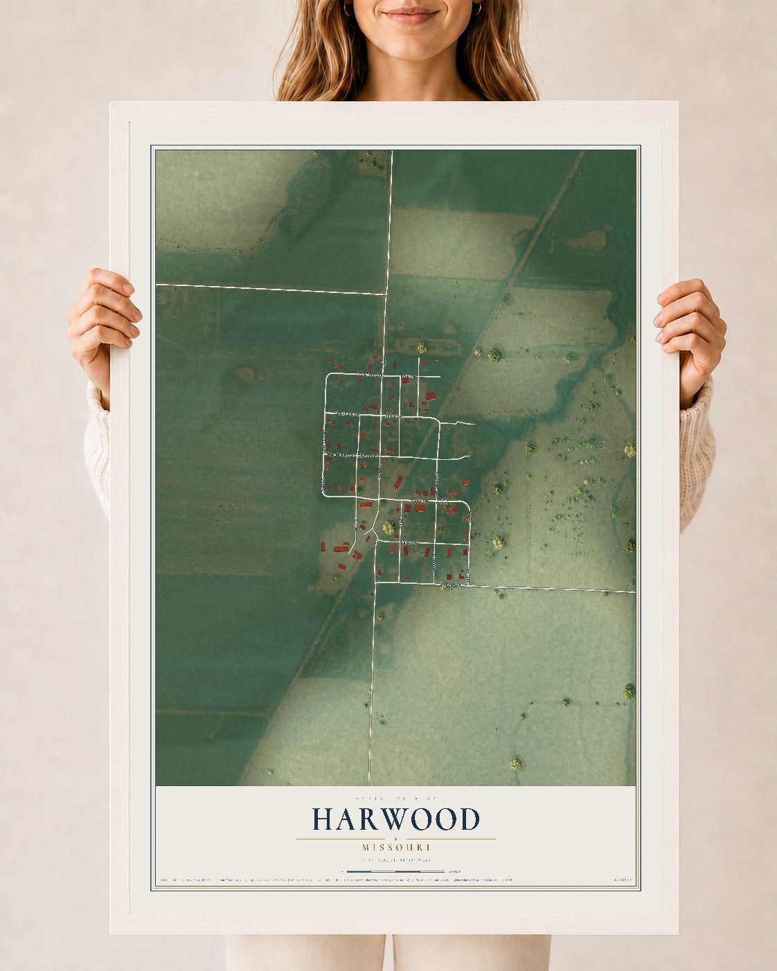 Map of Harwood, Missouri, 24 x 36 inch print in a white wood frame