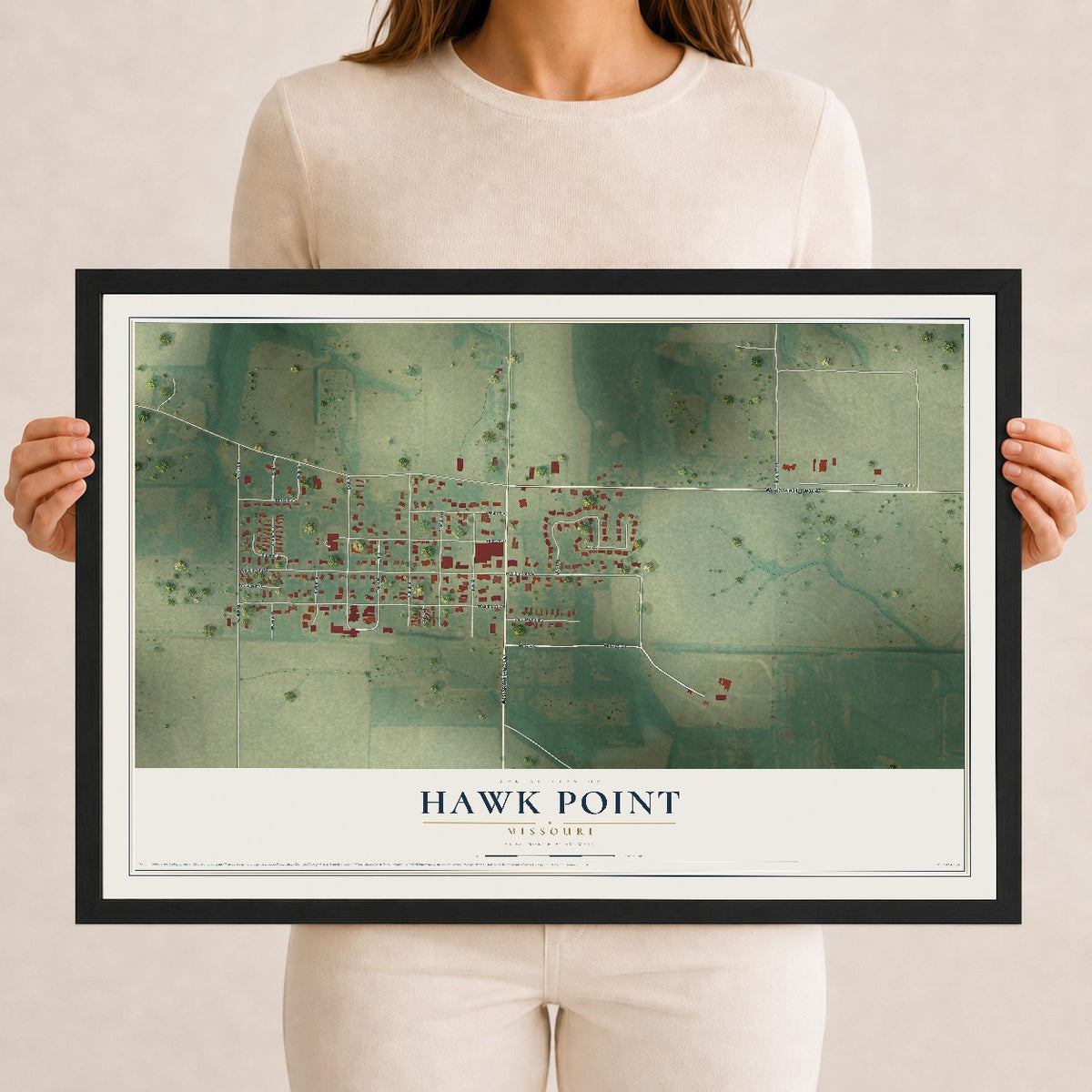 Map of Hawk Point, Missouri, 12 x 18 inch print in a black wood frame