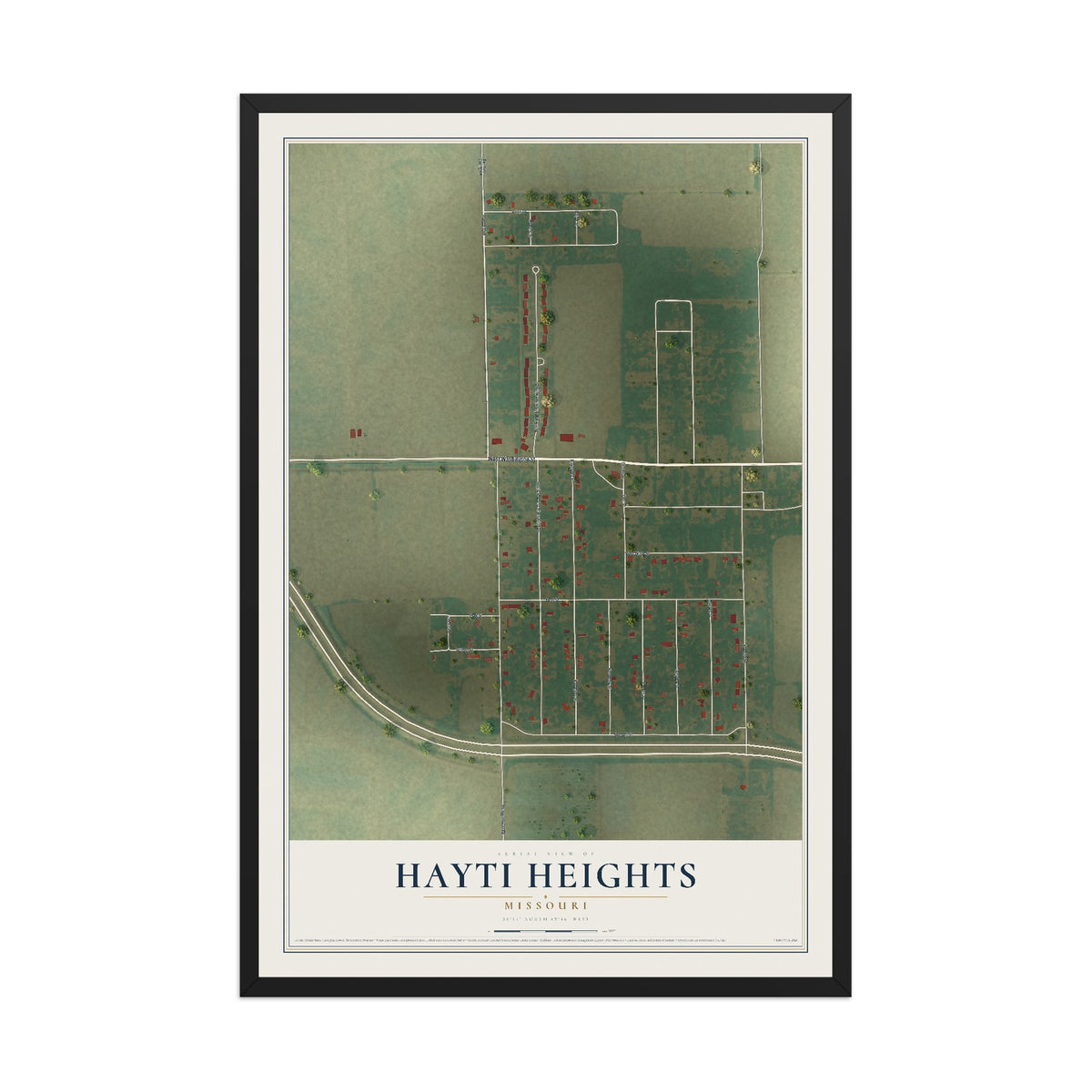 Map of Hayti Heights, Missouri, 12 x 18 inch print in a black wood frame