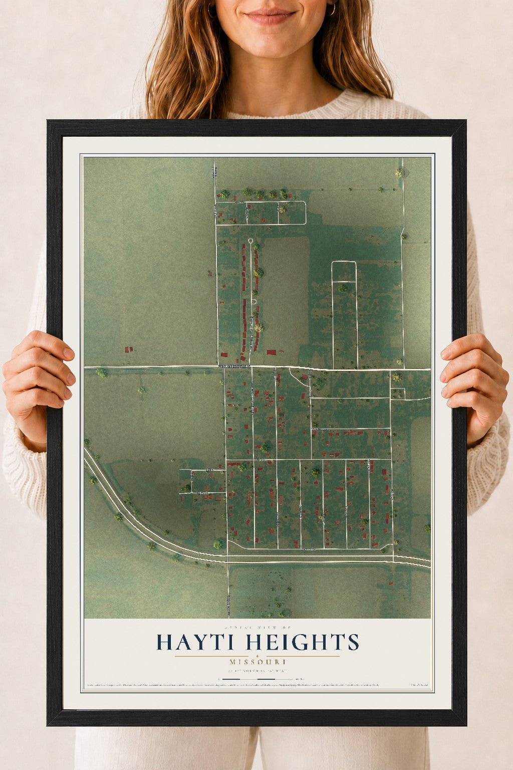 Map of Hayti Heights, Missouri, 18 x 24 inch print in a black wood frame
