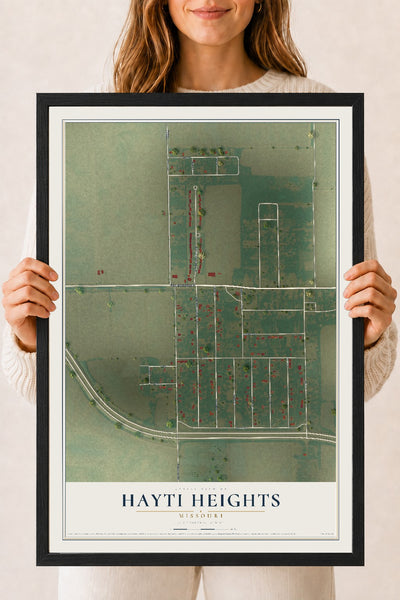 Map of Hayti Heights, Missouri, 18 x 24 inch print in a black wood frame