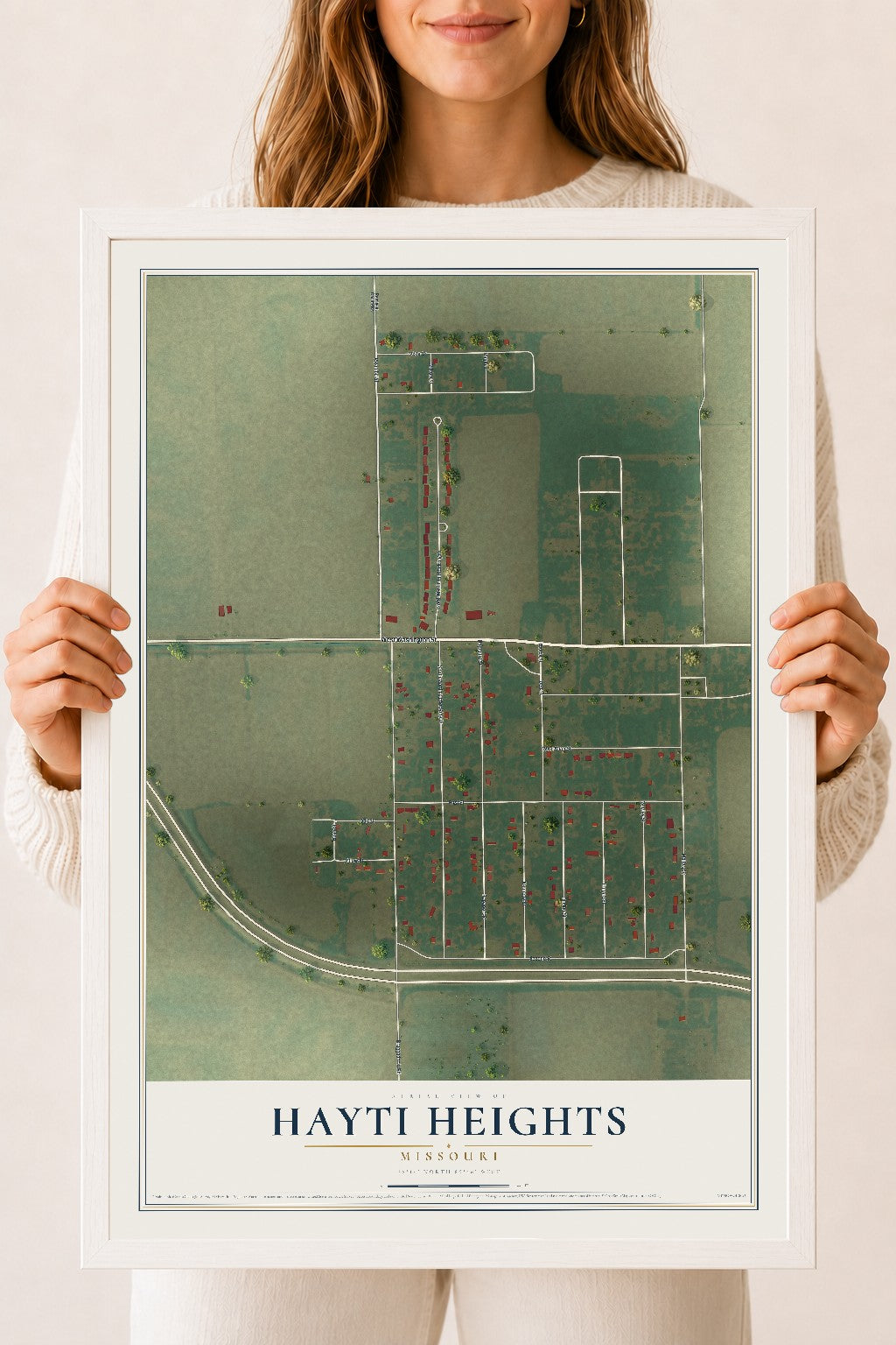 Map of Hayti Heights, Missouri, 18 x 24 inch print in a white wood frame