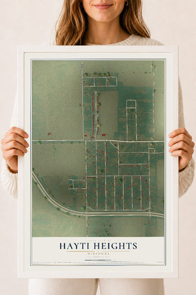 Map of Hayti Heights, Missouri, 18 x 24 inch print in a white wood frame