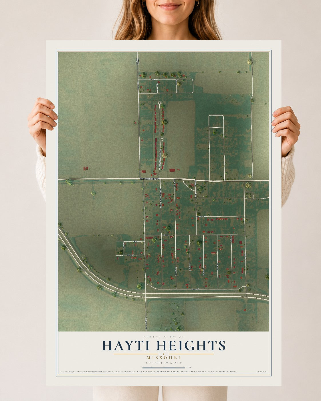 Map of Hayti Heights, Missouri, 24 x 36 inch unframed archival matte print