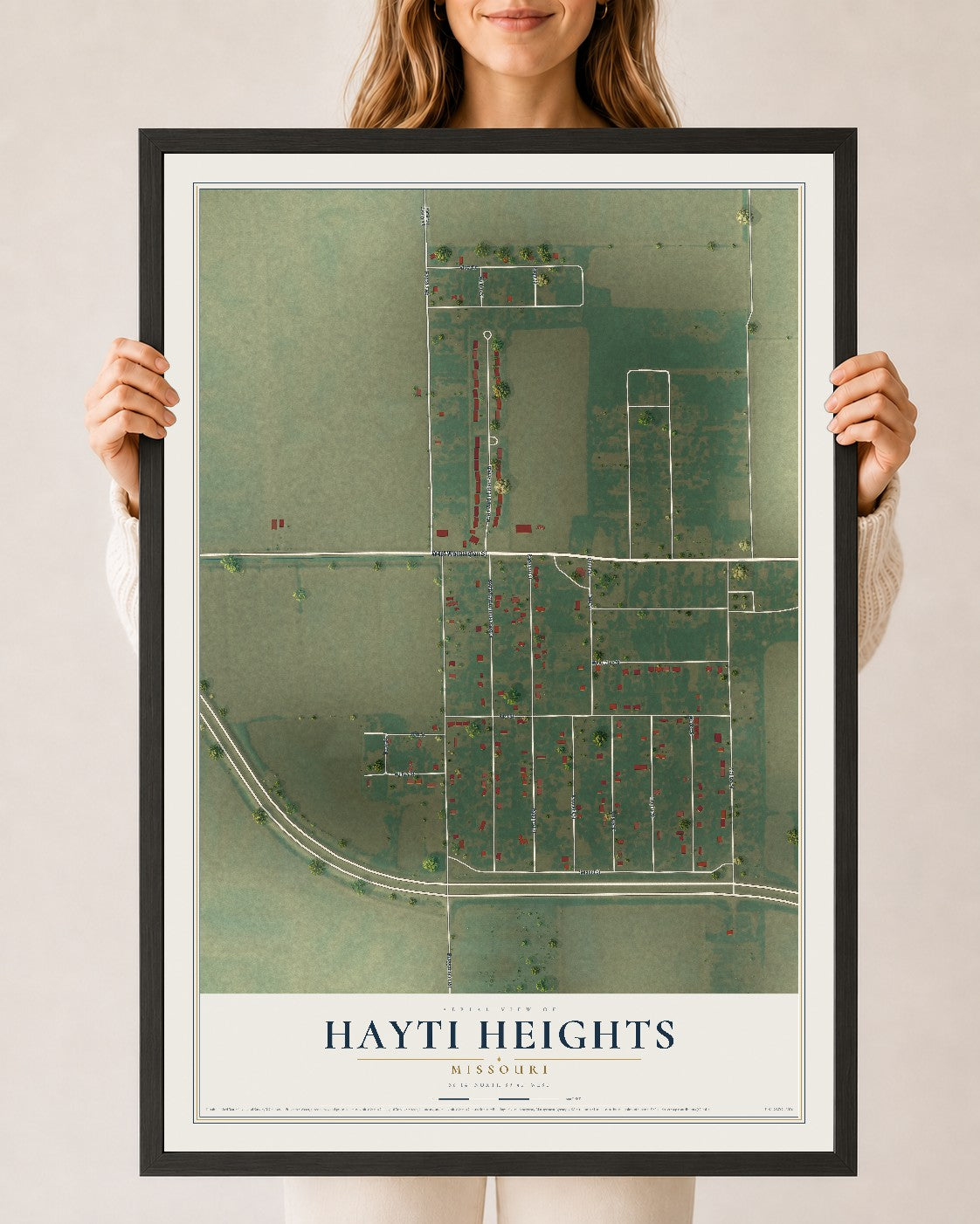 Map of Hayti Heights, Missouri, 24 x 36 inch print in a black wood frame