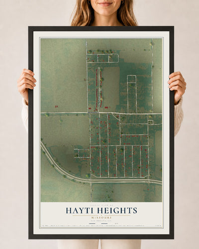 Map of Hayti Heights, Missouri, 24 x 36 inch print in a black wood frame