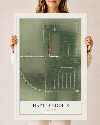 Map of Hayti Heights, Missouri, 24 x 36 inch print in a white wood frame