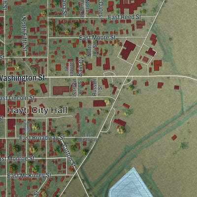 Close-up of the map of Hayti, Missouri print showing street and building detail