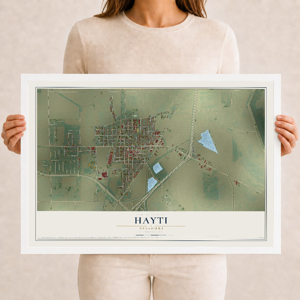 Map of Hayti, Missouri, 12 x 18 inch print in a white wood frame