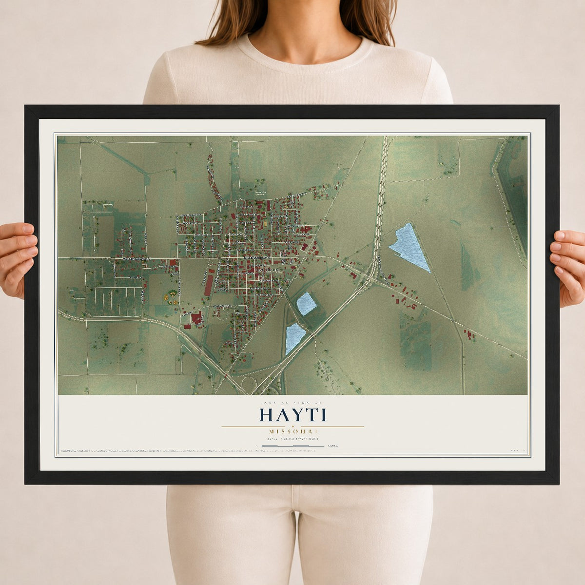 Map of Hayti, Missouri, 18 x 24 inch print in a black wood frame