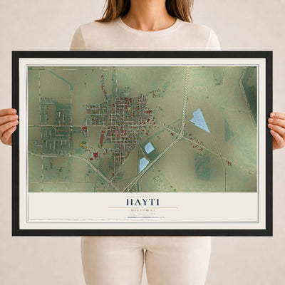 Map of Hayti, Missouri, 18 x 24 inch print in a black wood frame