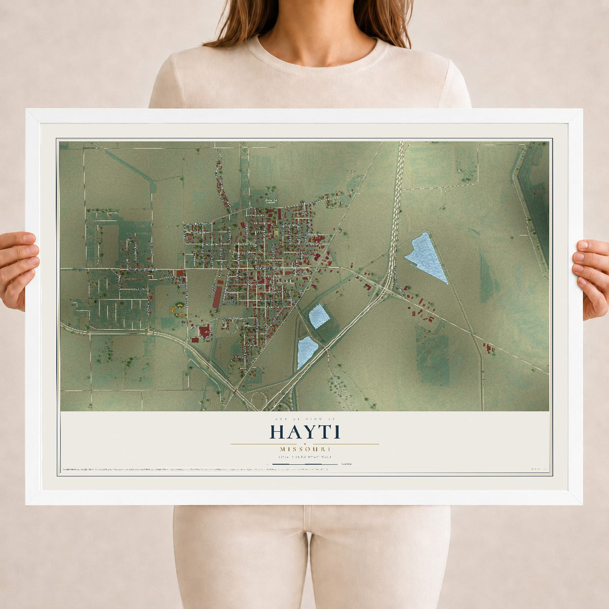 Map of Hayti, Missouri, 18 x 24 inch print in a white wood frame