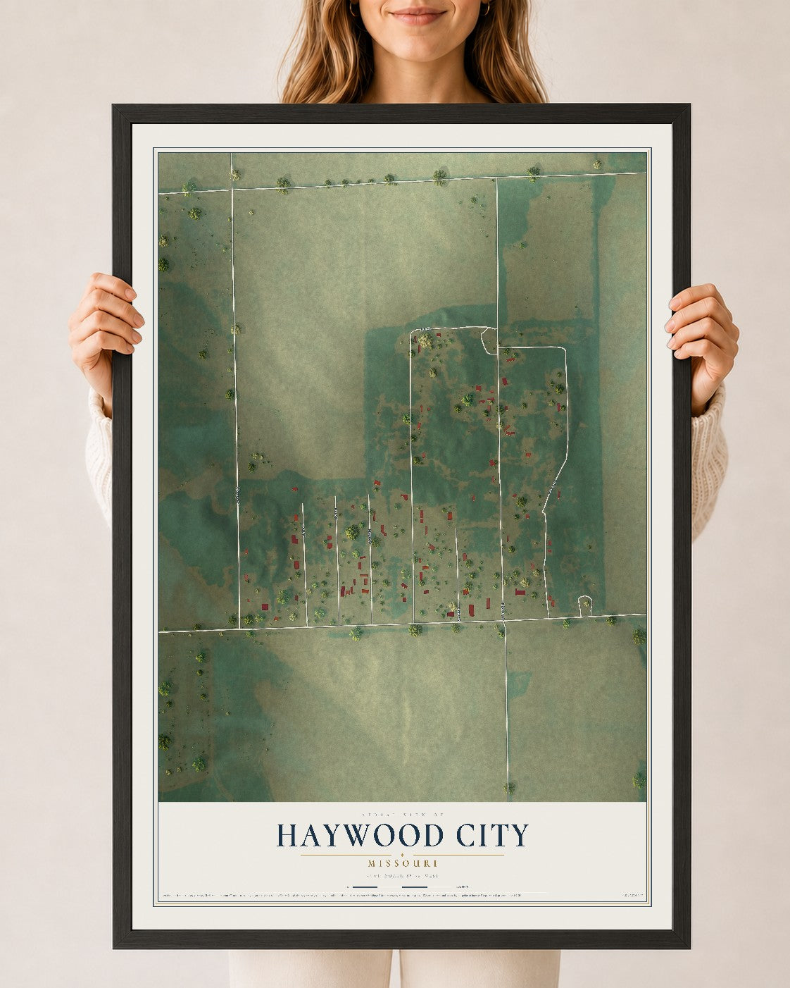 Map of Haywood City, Missouri, 24 x 36 inch print in a black wood frame
