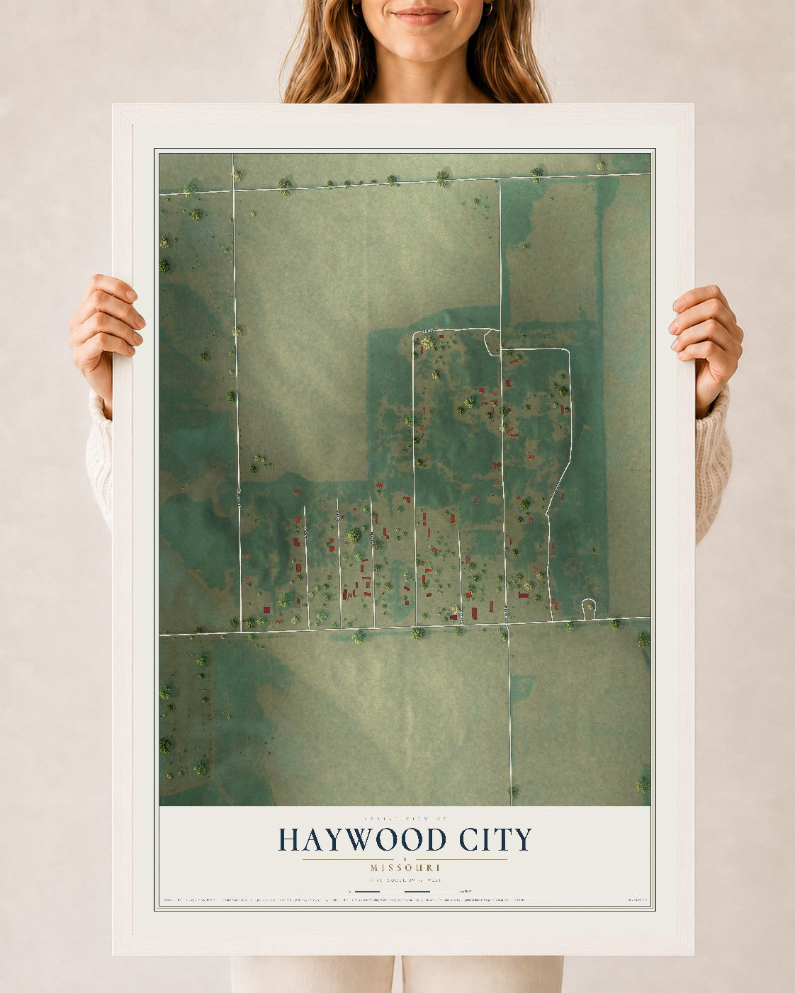 Map of Haywood City, Missouri, 24 x 36 inch print in a white wood frame