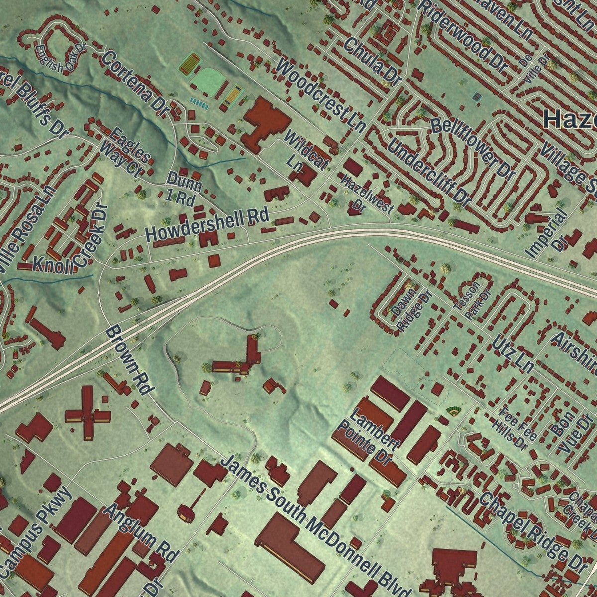 Close-up of the map of Hazelwood, Missouri print showing street and building detail
