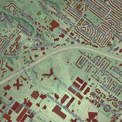 Close-up of the map of Hazelwood, Missouri print showing street and building detail