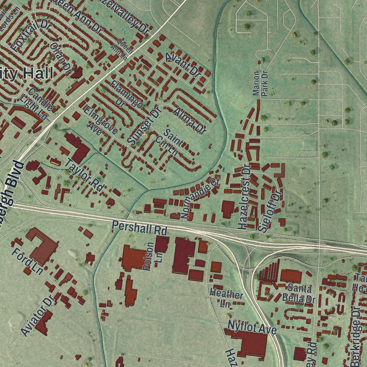 Second close-up of the map of Hazelwood, Missouri print showing more streets and buildings