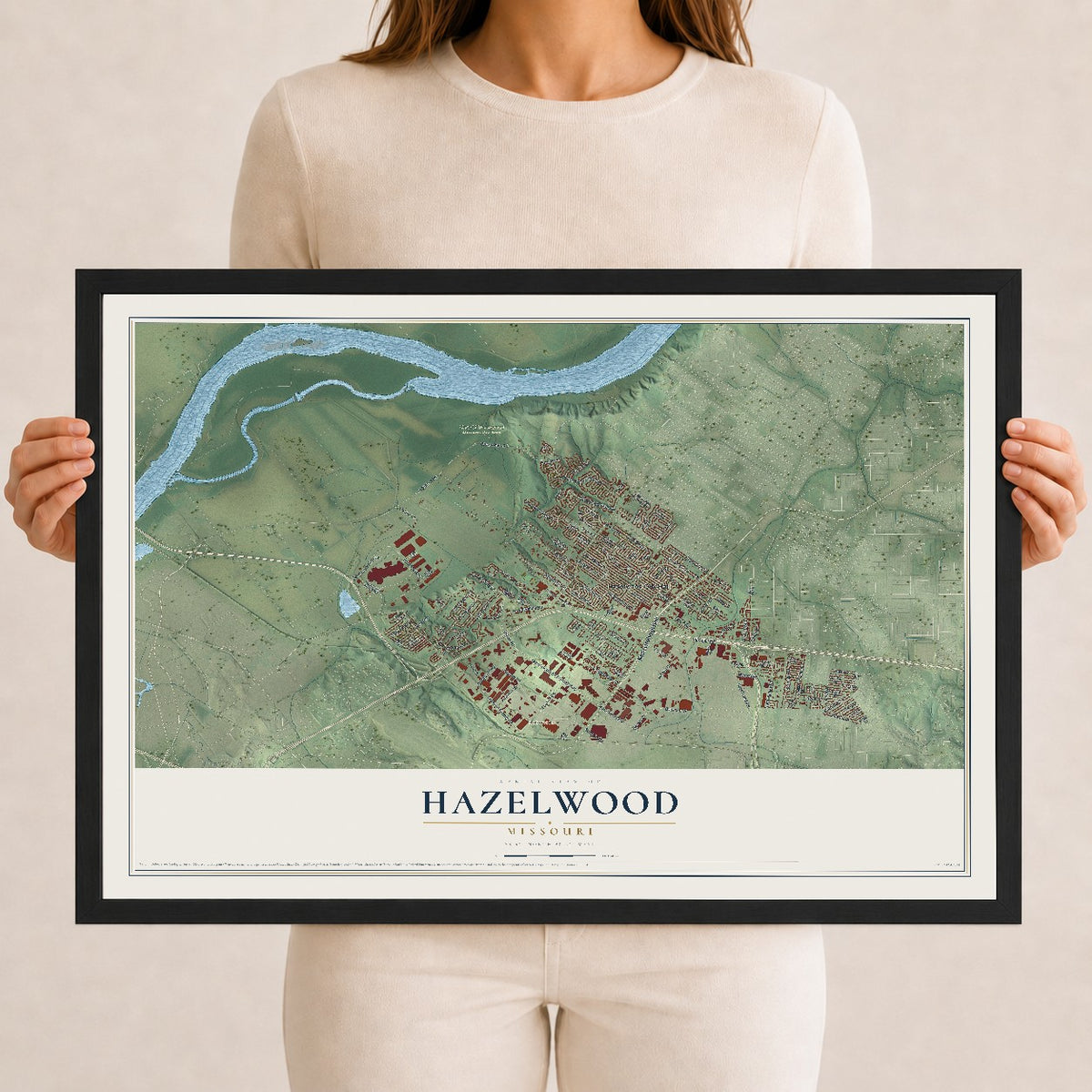 Map of Hazelwood, Missouri, 12 x 18 inch print in a black wood frame