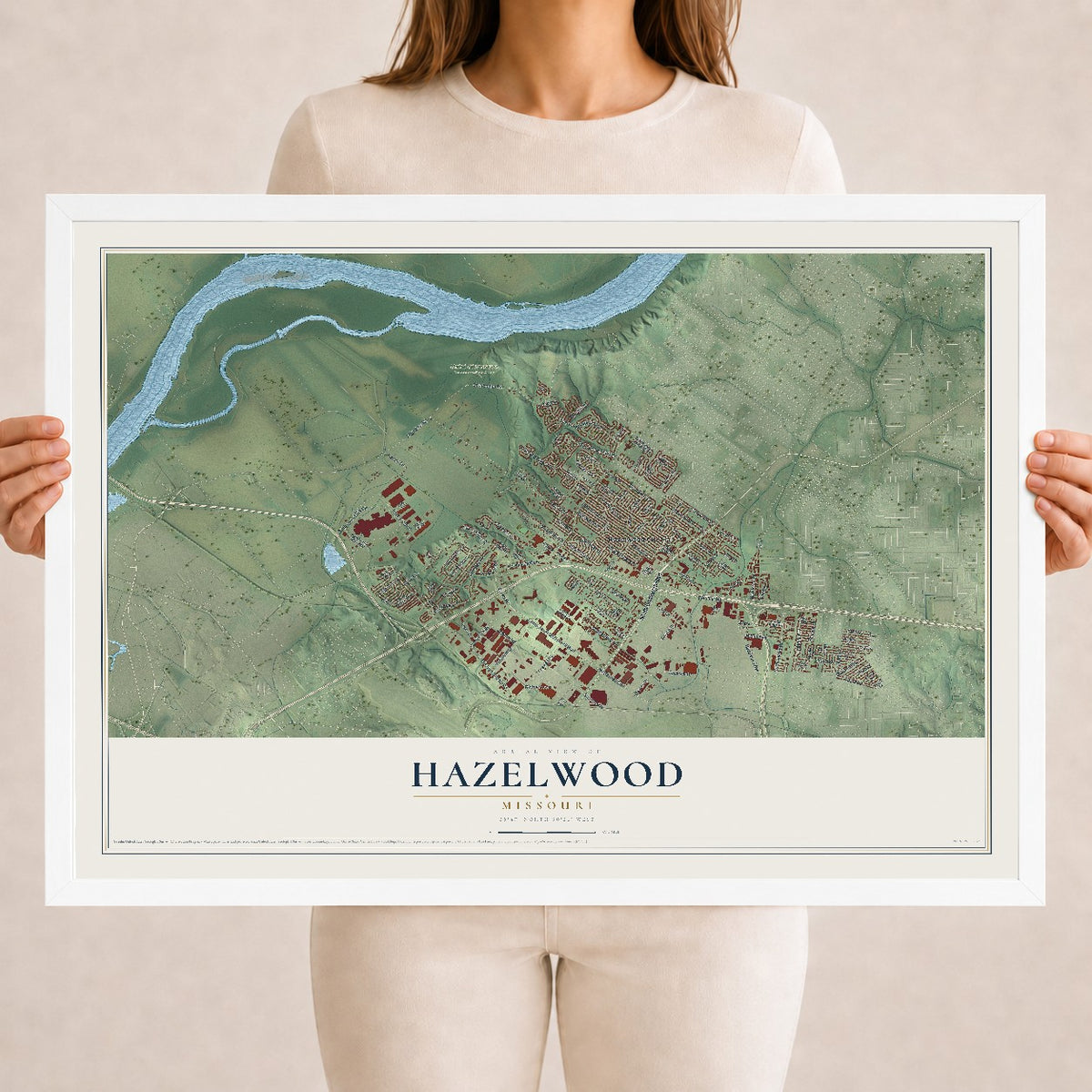 Map of Hazelwood, Missouri, 18 x 24 inch print in a white wood frame