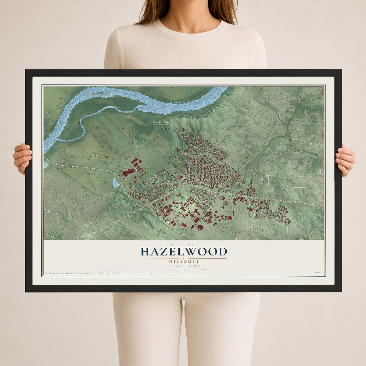 Map of Hazelwood, Missouri, 24 x 36 inch print in a black wood frame