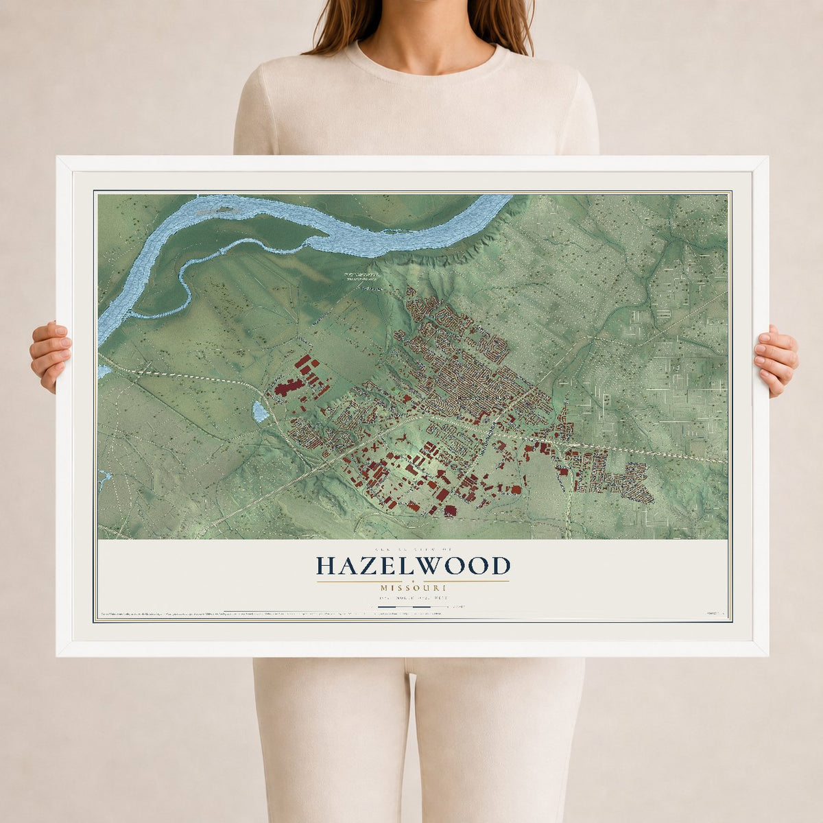 Map of Hazelwood, Missouri, 24 x 36 inch print in a white wood frame
