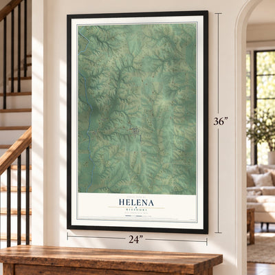 Helena, Missouri map, 24 x 36 inch print in a black frame by a staircase