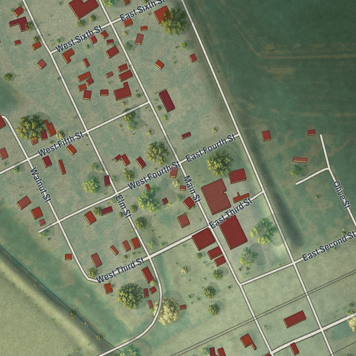 Close-up of the map of Henrietta, Missouri print showing street and building detail