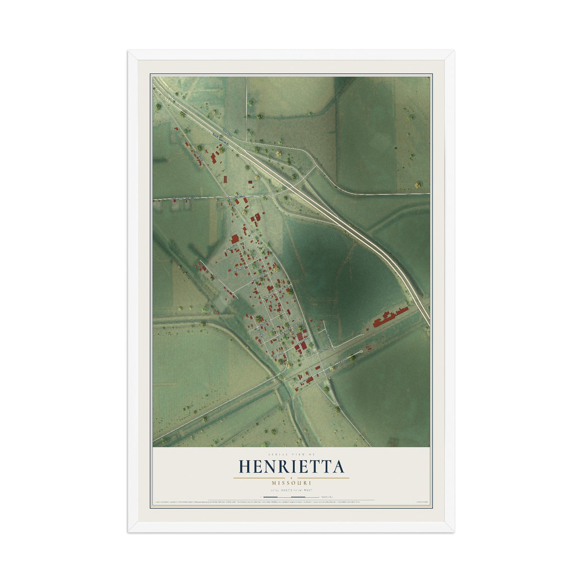 Map of Henrietta, Missouri, 12 x 18 inch print in a white wood frame